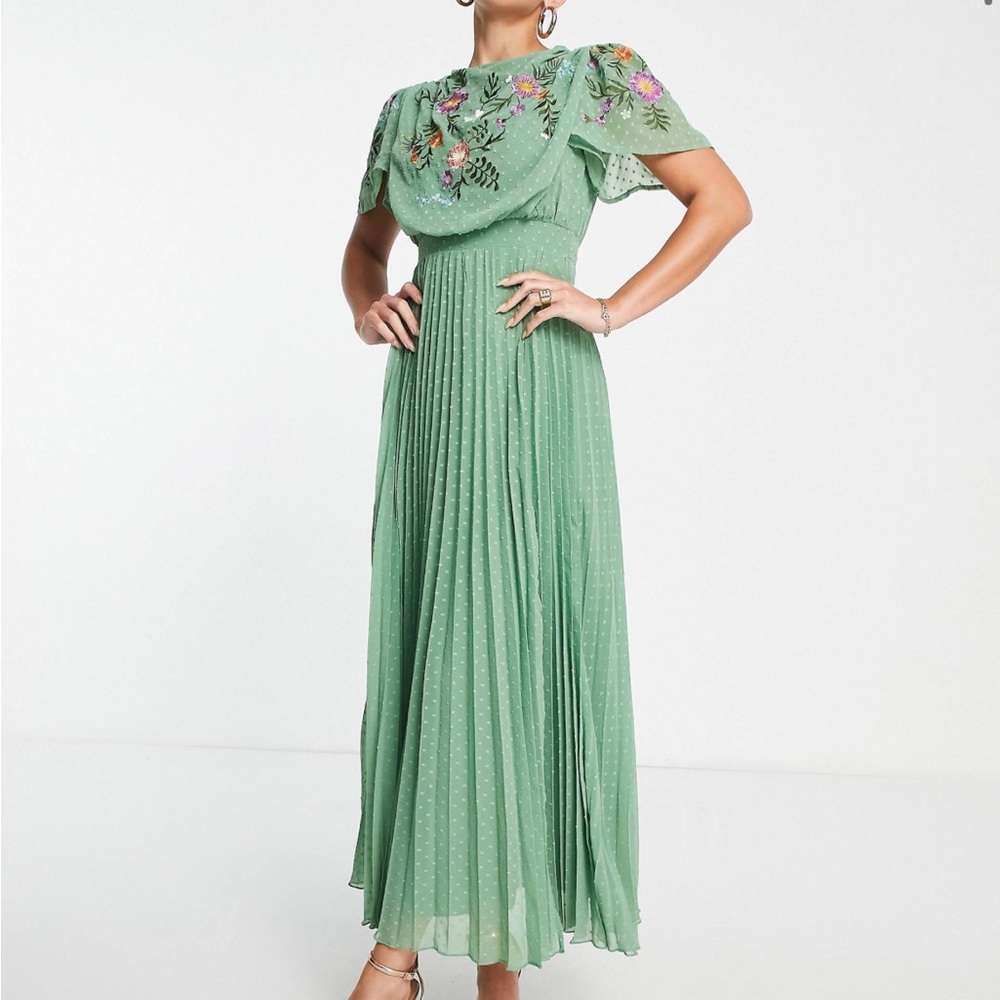 ASOS DESIGN Tall pleated textured cowl front embroidered midi dress in khaki